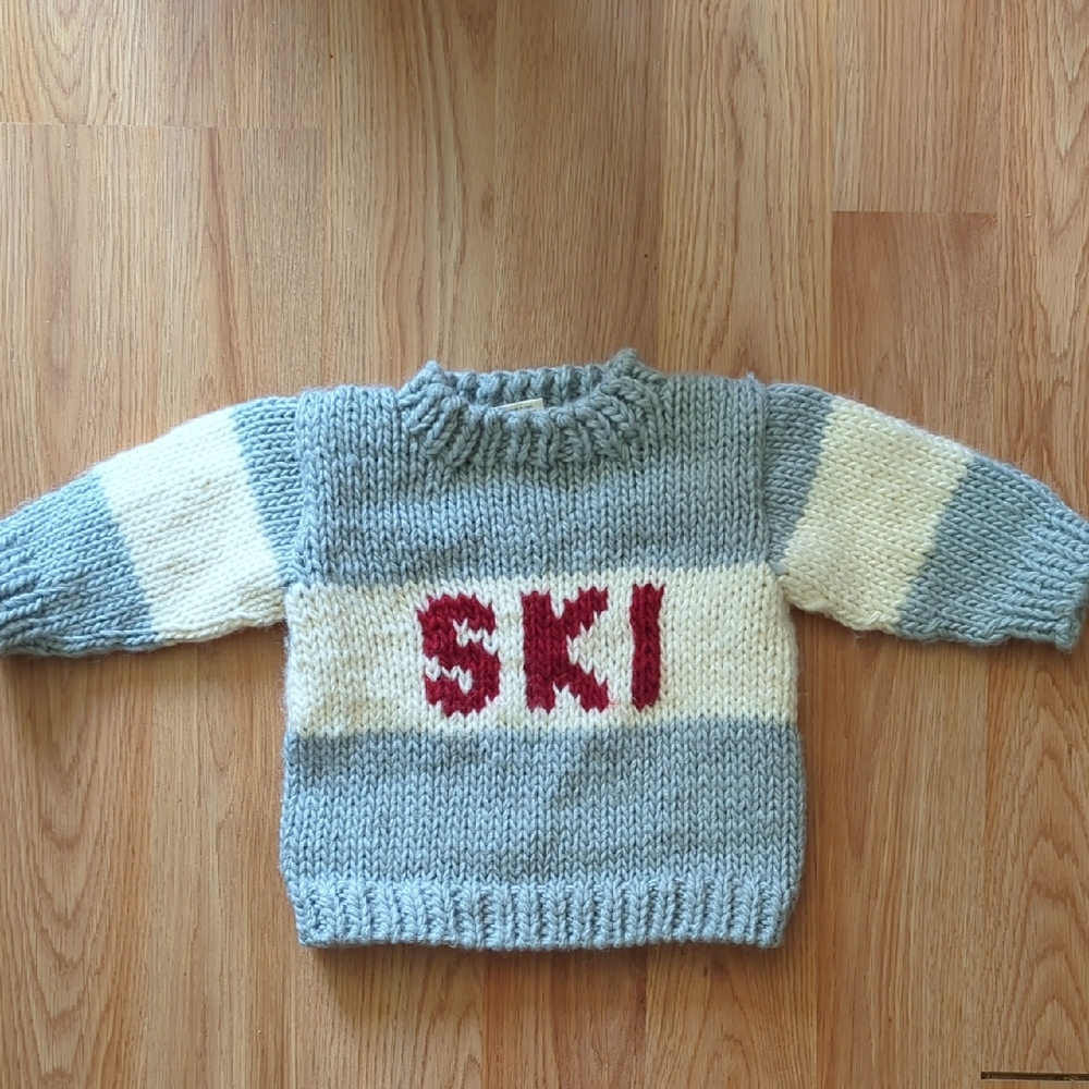 Blue and Cream Chunky Knit Sweater with Ski Design